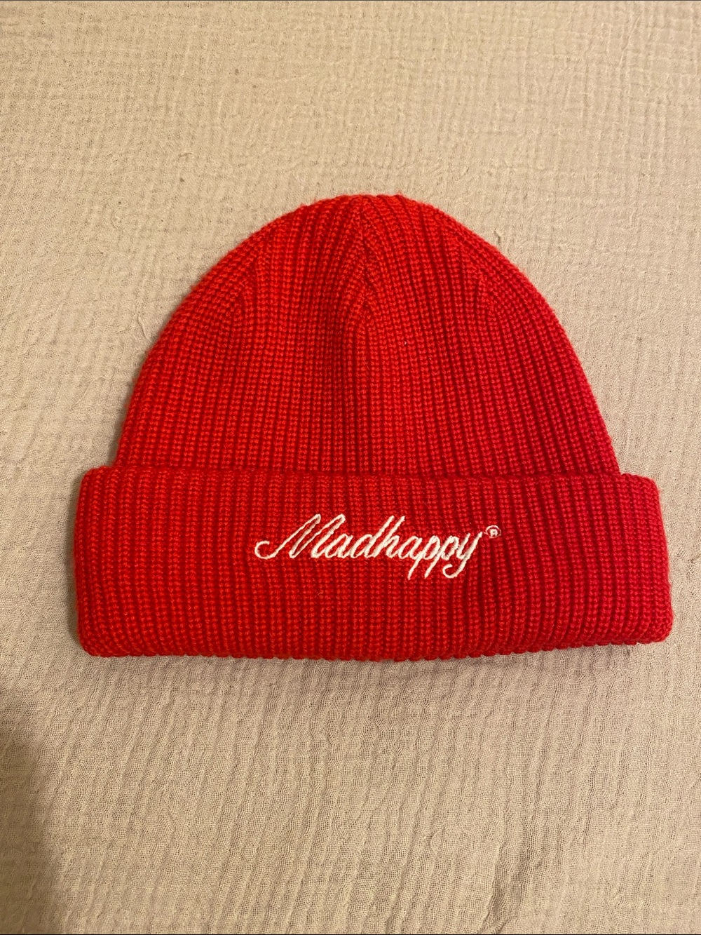 Madhappy Wool Red Ribbed Knit Beanie with Script Logo